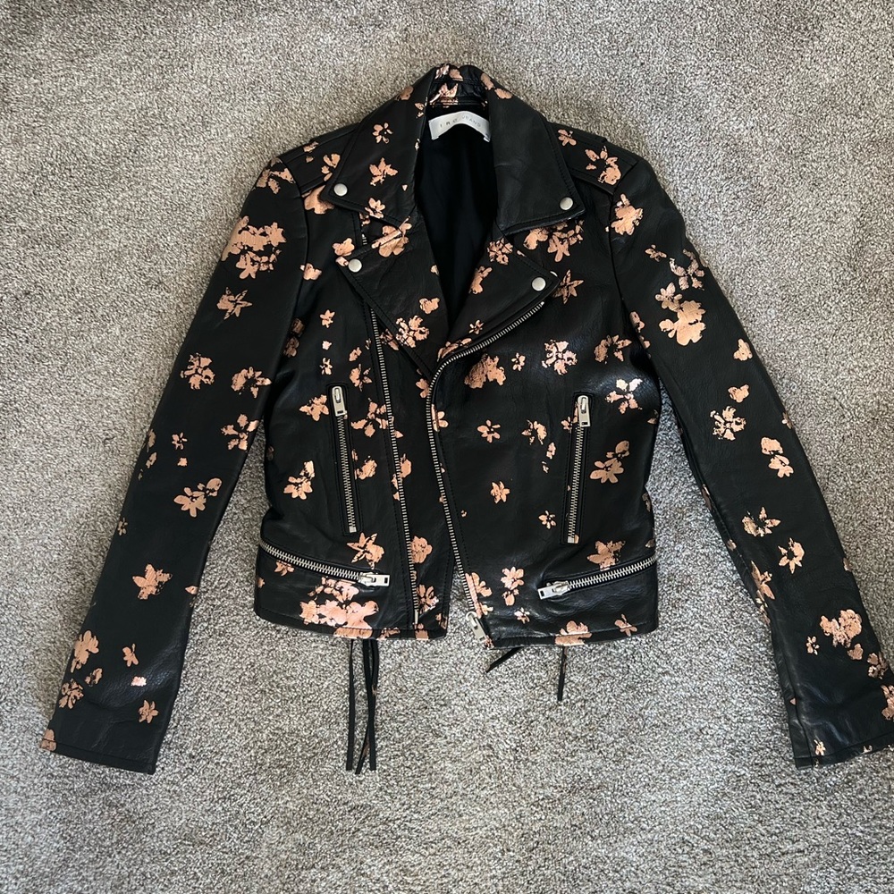 IRO black leather moto jacket with hand-painted rose-gold floral motif